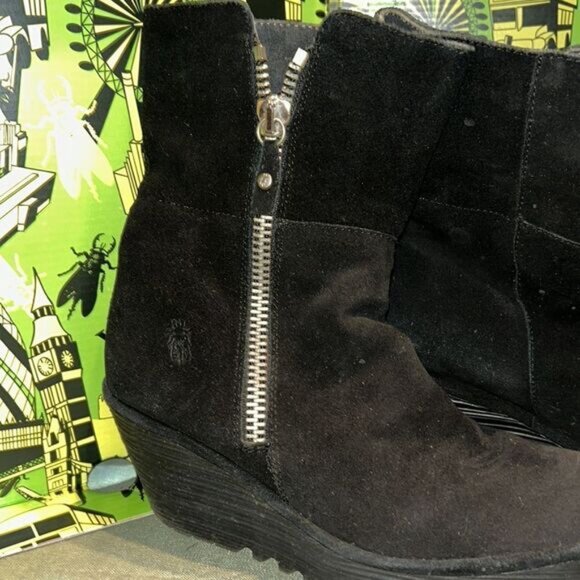 Fly London Black Suede Wedge Ankle Boots With Side Zipper - Picture 2 of 8